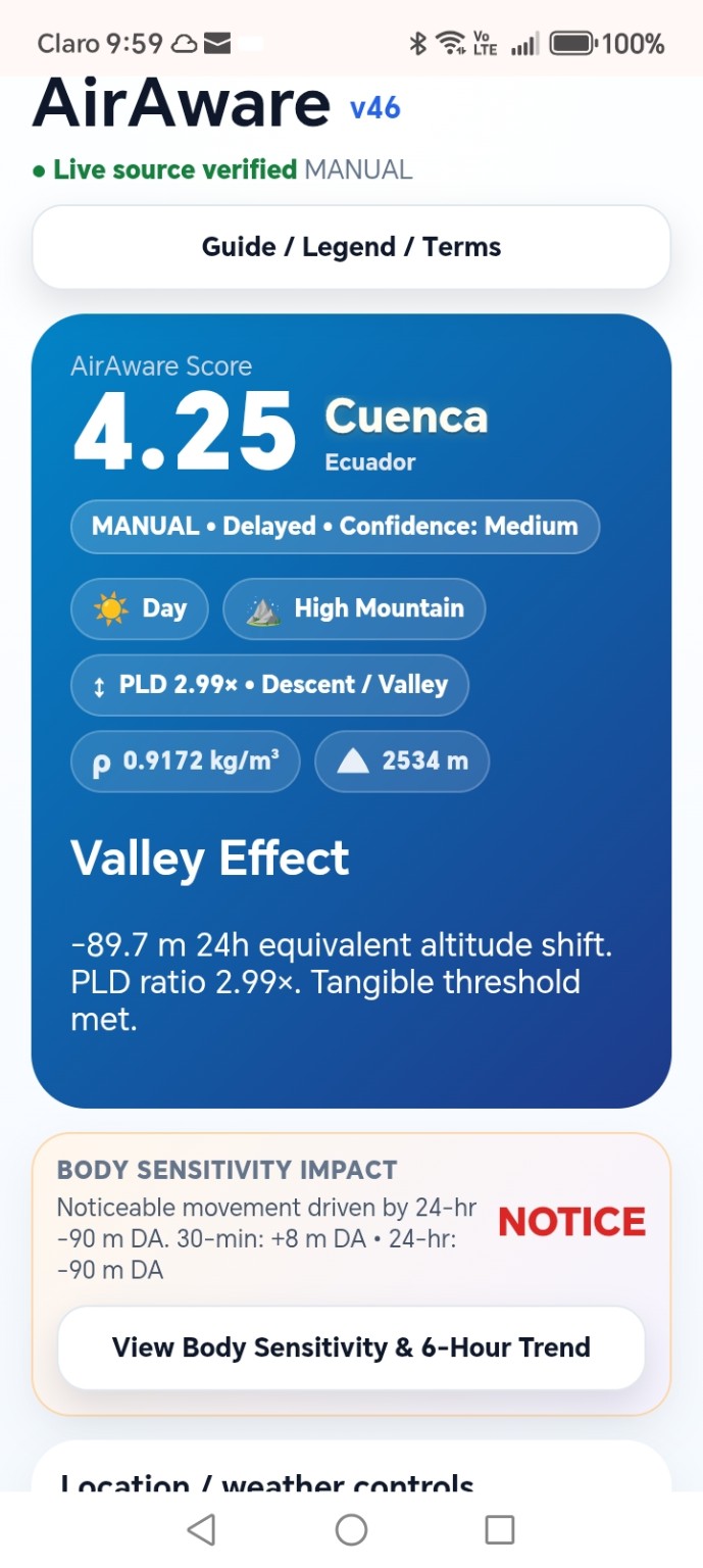 AirAware score screen showing Cuenca valley effect